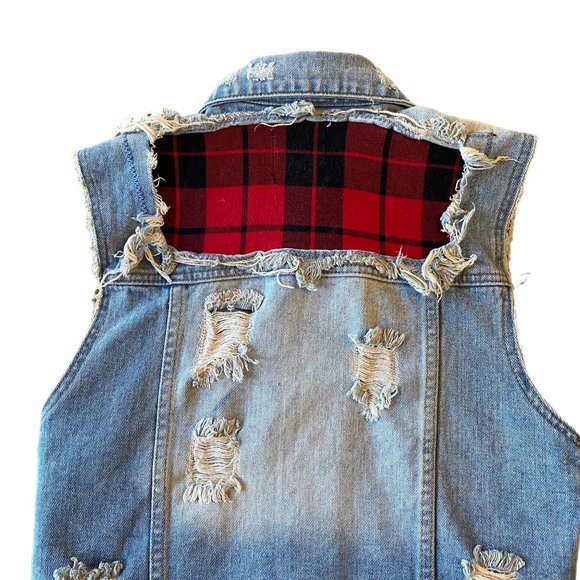 Unif Distressed Shredded Grunge Fringe Denim Festival Rodeo Vest Plaid Patches-S - Picture 13 of 16